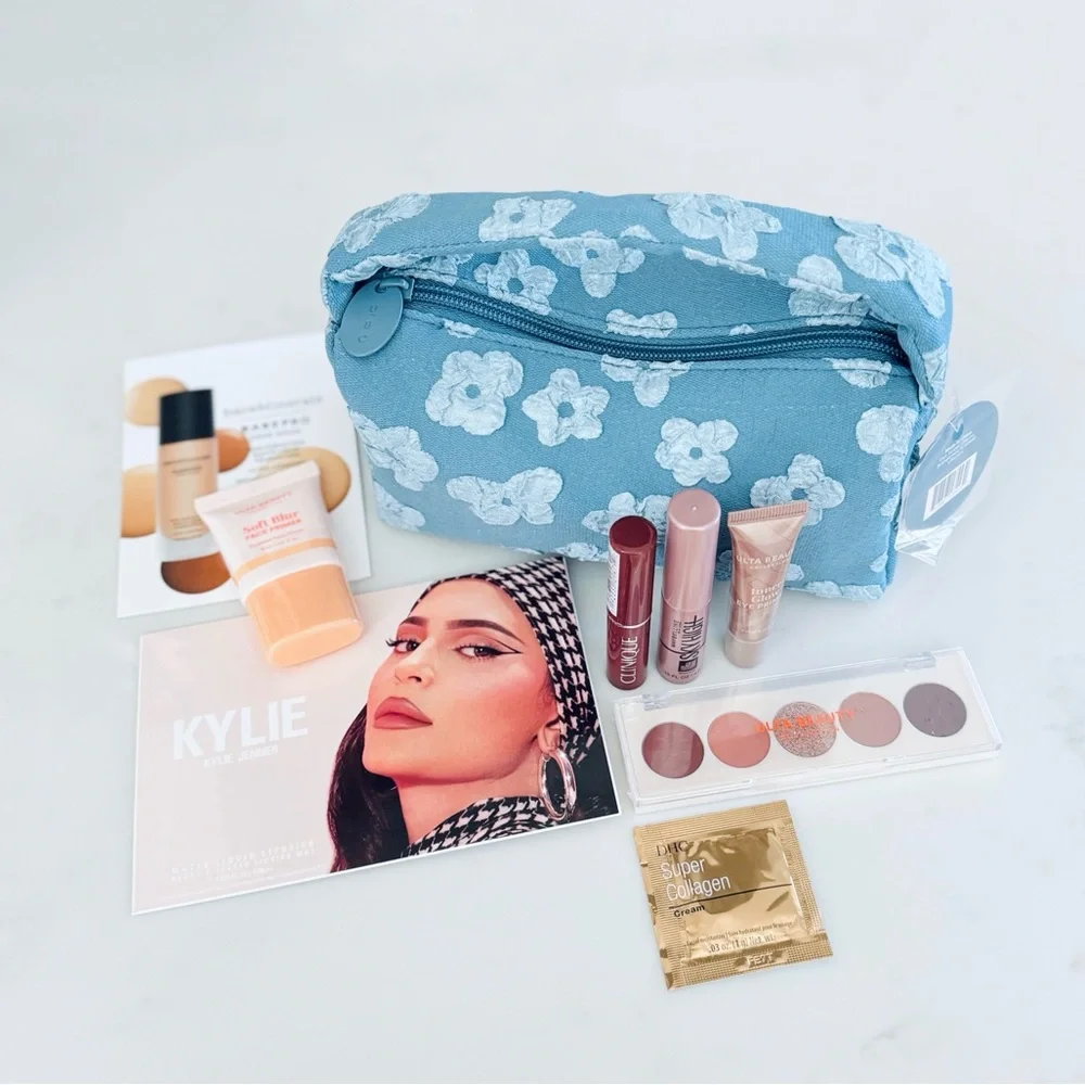 Ulta Beauty Denim Floral Stuffed Cosmetic & Make-Up Bag BUNDLE, Travel Samples